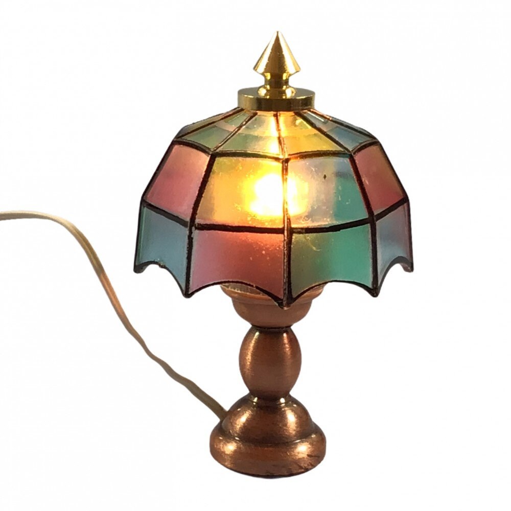 Dollhouse Miniature Table Lamp Stained Glass Style 12 Volt w/Plug 1:12 Scale