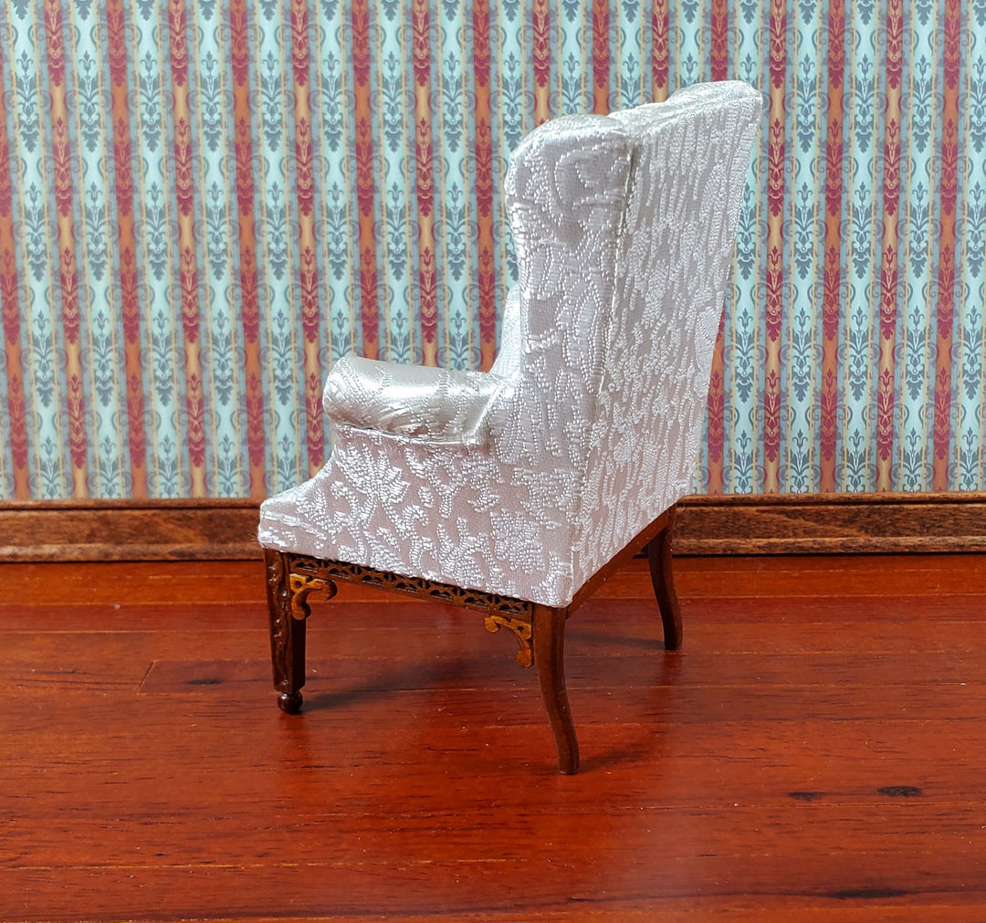 JBM Dollhouse Arm Chair White Brocade Fabric 1:12 Scale Miniature Furniture