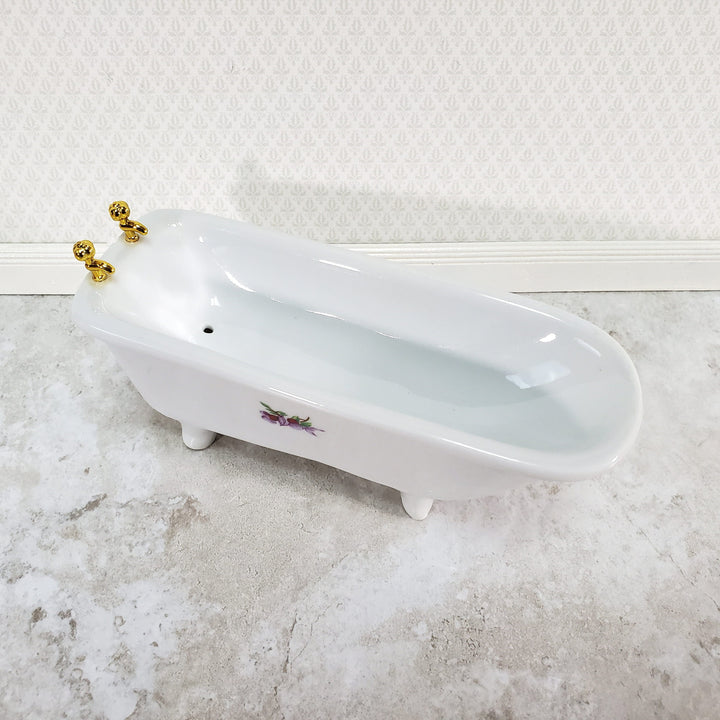Dollhouse Bathtub White Ceramic with Purple Flowers 1:12 Scale Bathroom Tub