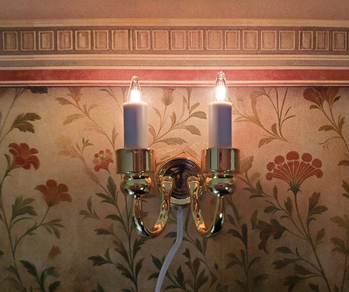 Dollhouse Double Candle Wall Sconce Gold 12 Volt with Plug 1:12 Miniature Light