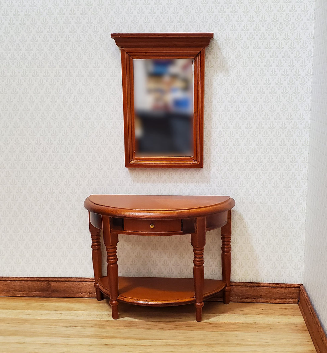 Dollhouse Half Round Table with Mirror 1:12 Scale Furniture Walnut Finish