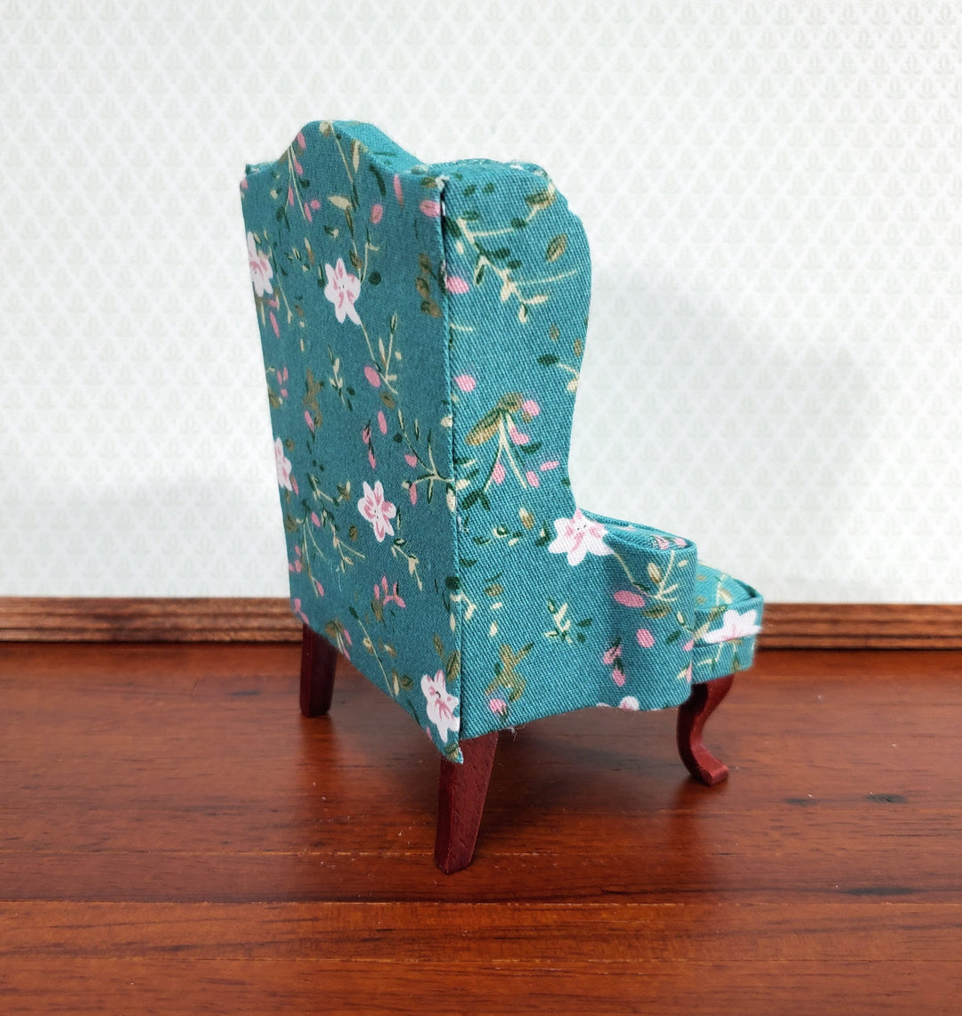 Dollhouse Arm Chair Wing Back Turquoise Floral Fabric 1:12 Scale Miniature