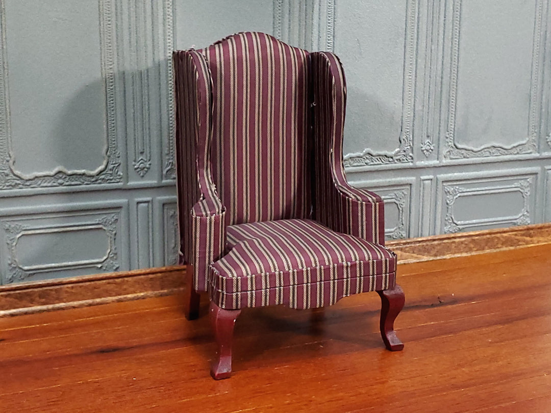 Dollhouse Arm Chair Wing Back Maroon Striped 1:12 Scale Miniature Furniture