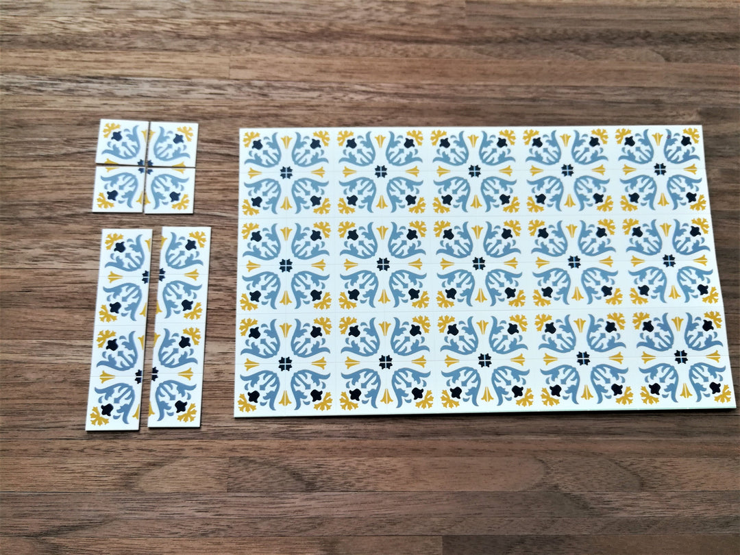 Dollhouse Miniature Tile Flooring Sheet Blue & Gold Tulips 1:12 Scale Break Off Pieces