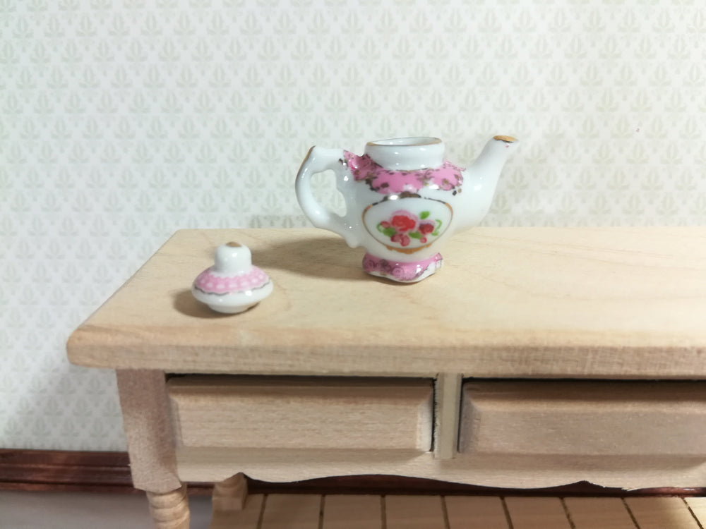 Dollhouse Miniature Ceramic Fancy Pink & White Teapot Removable Lid 1:12 Scale