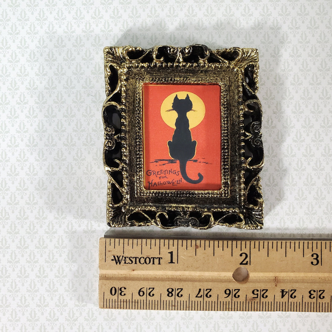 Miniature Vintage Black Cat with Moon Halloween Framed Print 1:12 Scale Witch House