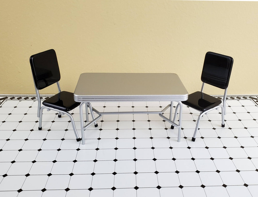 Dollhouse Miniatures 1950s Style Kitchen Table with 2 Black Chairs 1:12 Scale