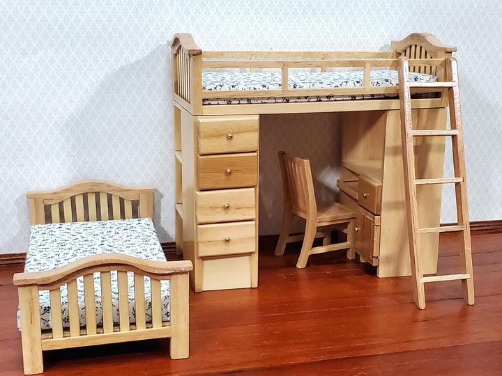 Dollhouse Bunk Beds Built in Shelves Desk with Ladder 1:12 Scale Miniature Furniture