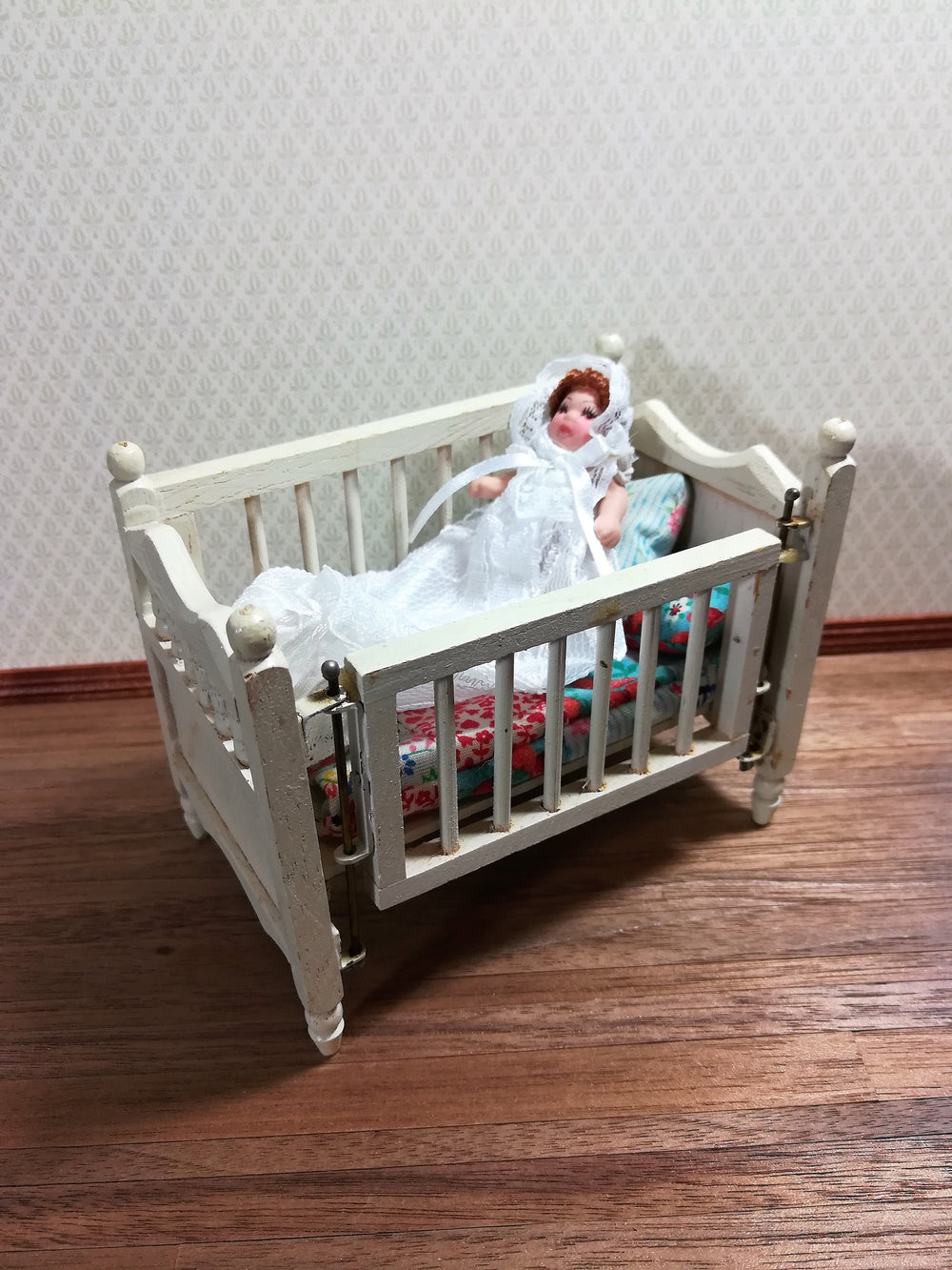 Dollhouse Miniature Baby Doll in Long White Lace Gown 1:12 Scale Brown Hair