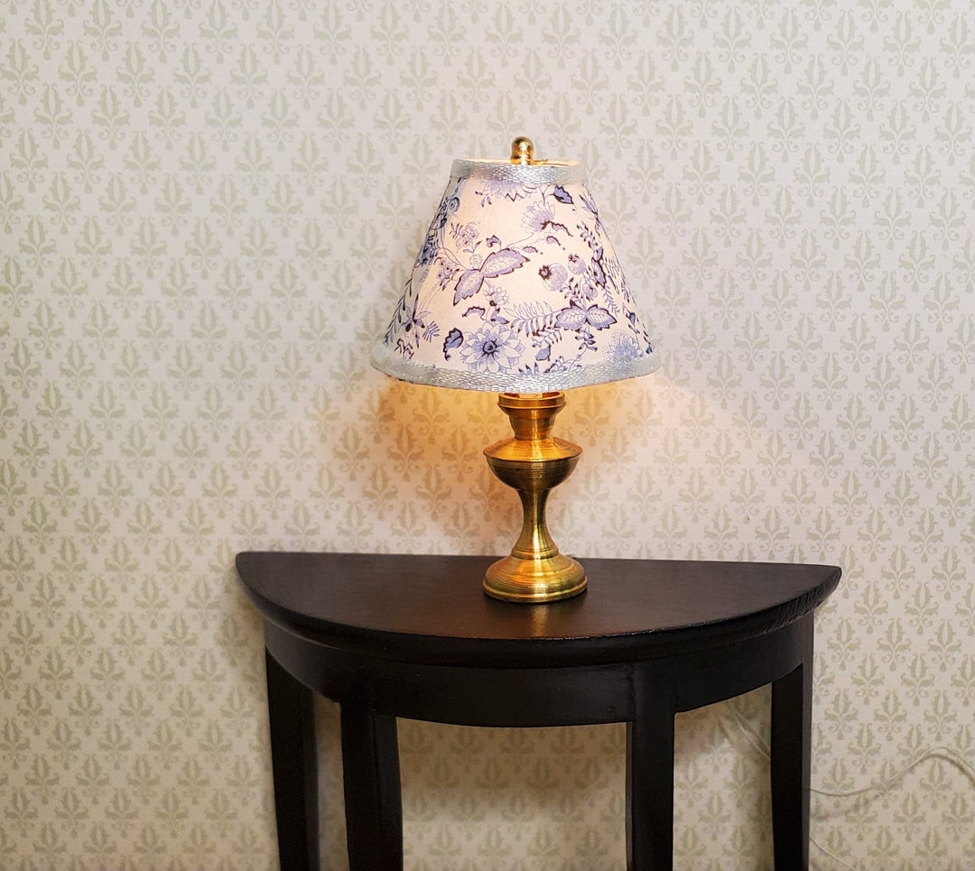 Dollhouse Table Lamp Blue Onion Design Brass Base 12 Volt Wired 1:12 Scale
