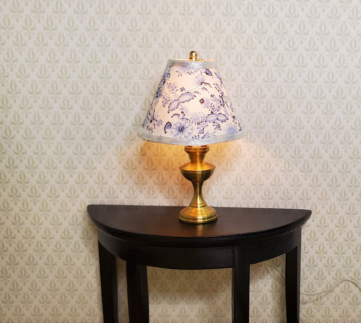 Dollhouse Table Lamp Blue Onion Design Brass Base 12 Volt Wired 1:12 Scale