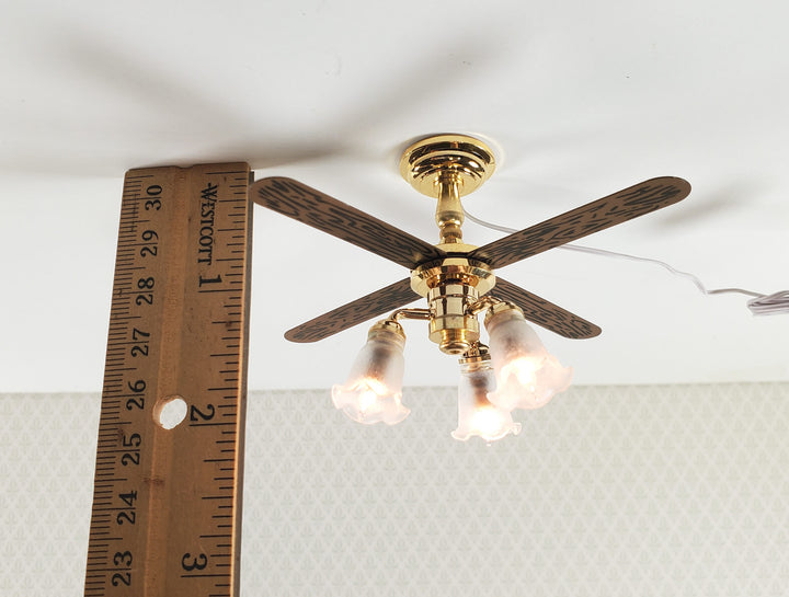 Dollhouse Ceiling Fan Light 12 Volt with Plug 1:12 Scale Miniature Tulip Shades