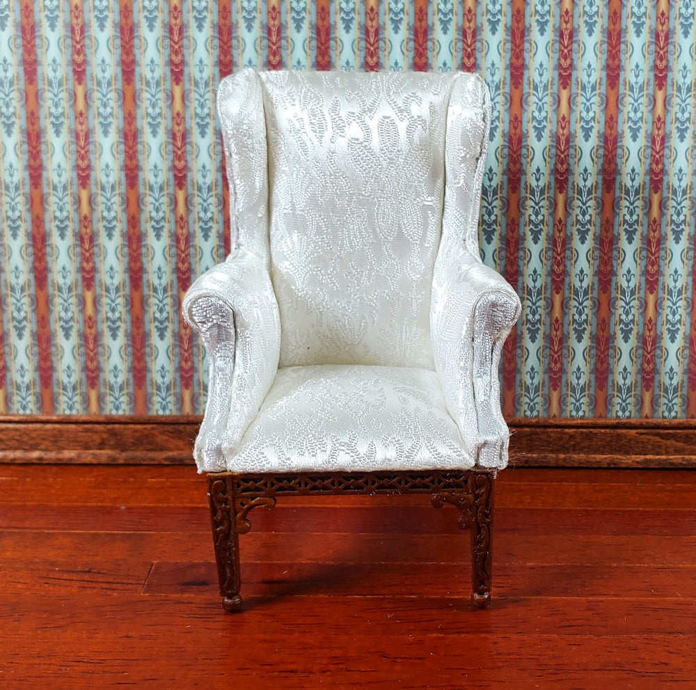 JBM Dollhouse Arm Chair White Brocade Fabric 1:12 Scale Miniature Furniture