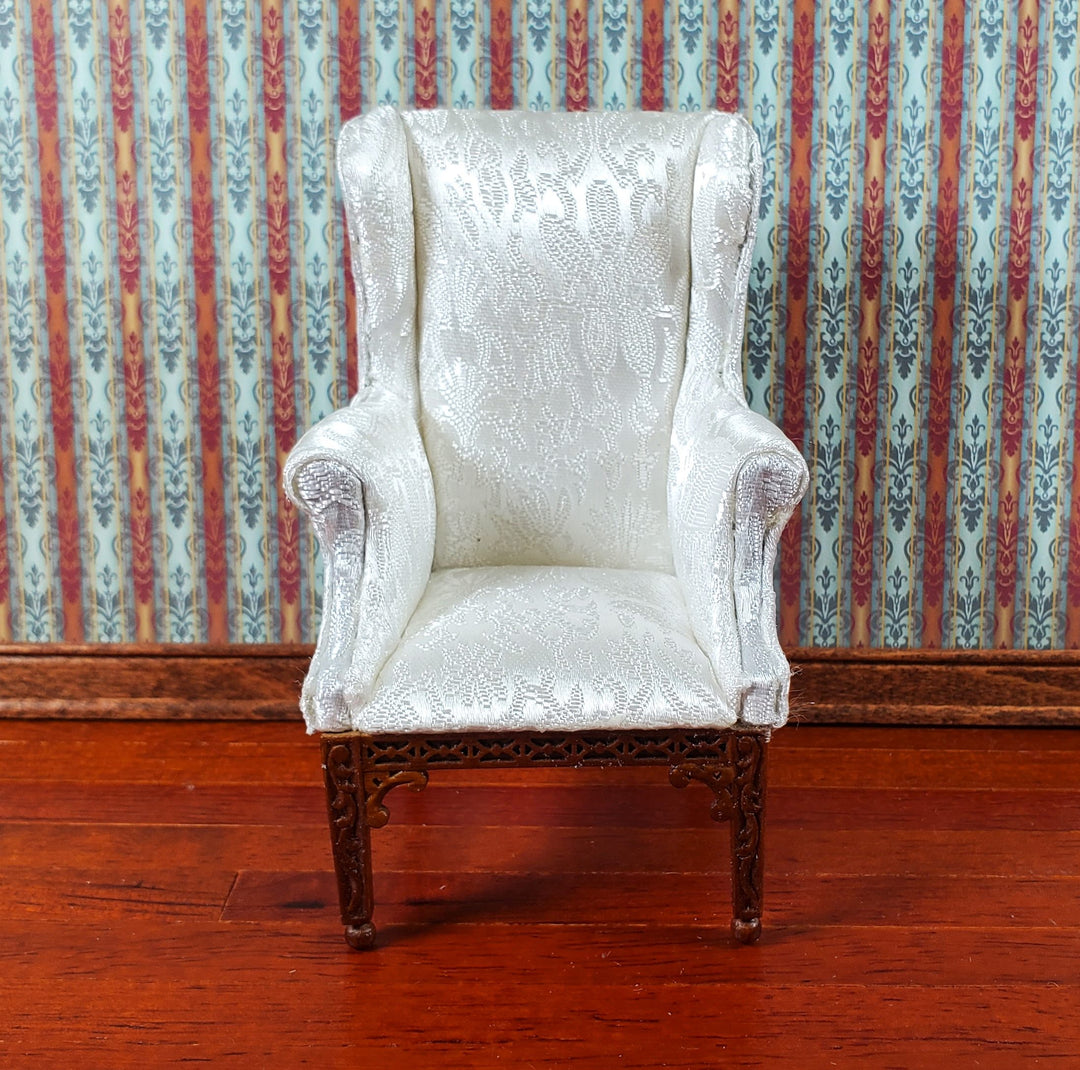 JBM Dollhouse Arm Chair White Brocade Fabric 1:12 Scale Miniature Furniture
