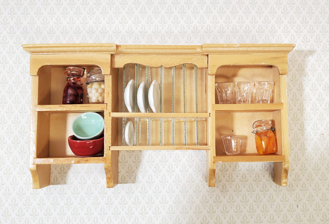 Dollhouse Hanging Shelf with Plate Rack Kitchen Light Oak Finish 1:12 Scale Miniature Furniture