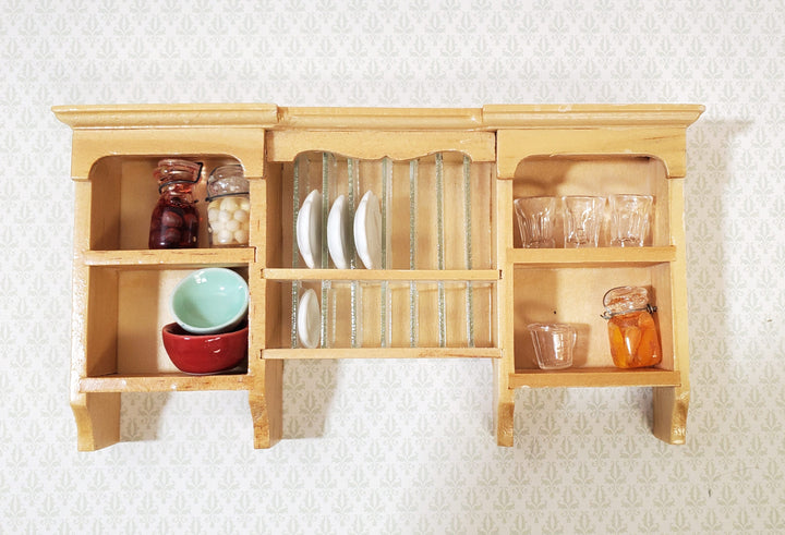 Dollhouse Hanging Shelf with Plate Rack Kitchen Light Oak Finish 1:12 Scale Miniature Furniture