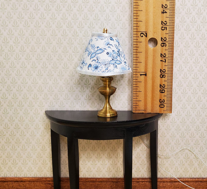 Dollhouse Table Lamp Blue Onion Design Brass Base 12 Volt Wired 1:12 Scale