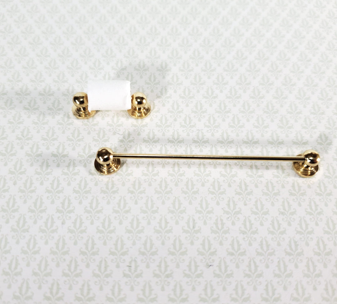 Dollhouse Miniature Towel Rod & Toilet Paper Holder Bathroom 1:12 Scale Gold Brass