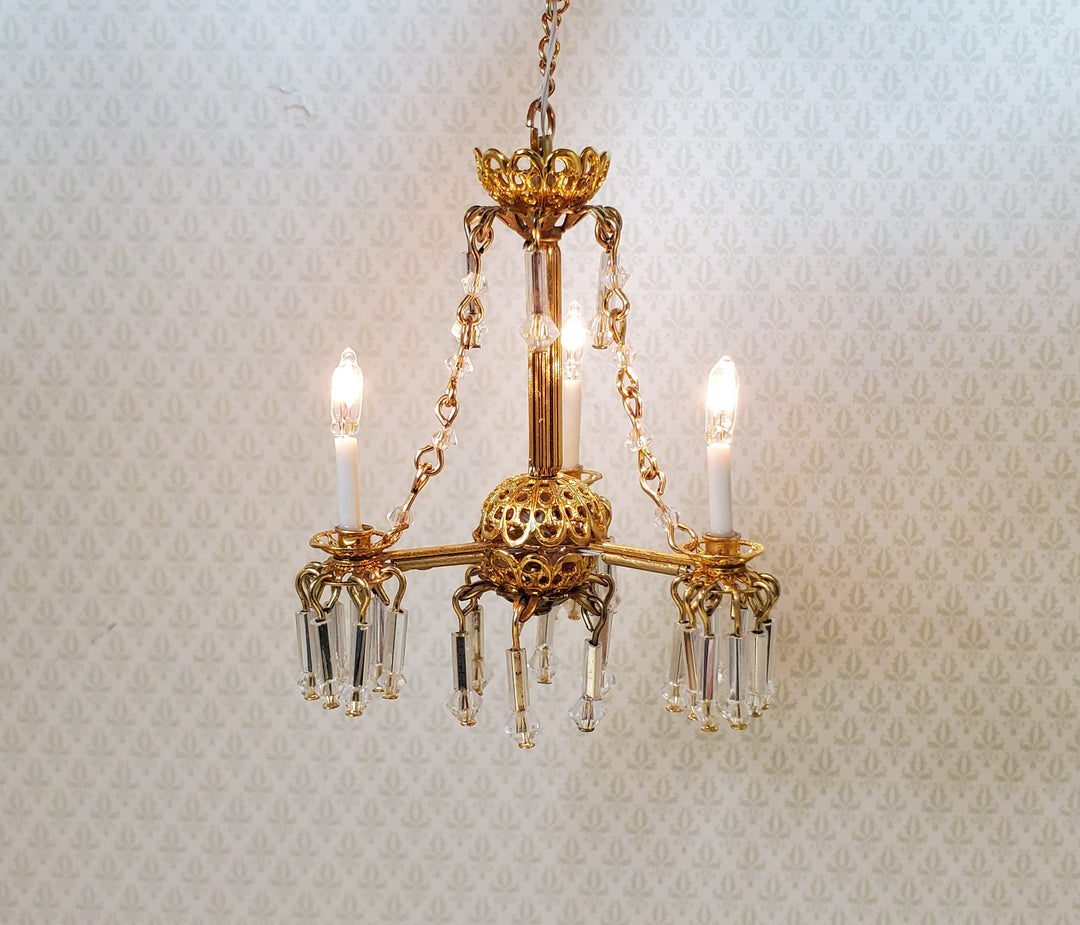 Dollhouse 3 Arm Crystal Chandelier with Chains Handmade 12 Volt 1:12 Scale