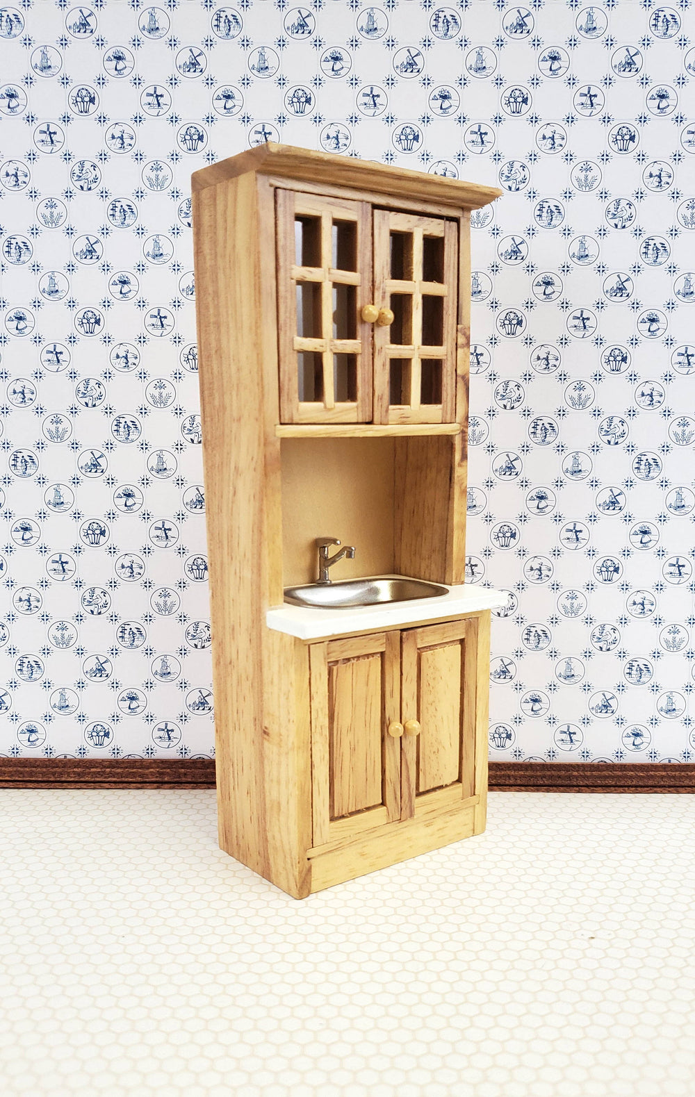 Dollhouse Miniature Kitchen Cabinet Tall with Sink Scale Furniture Light Oak