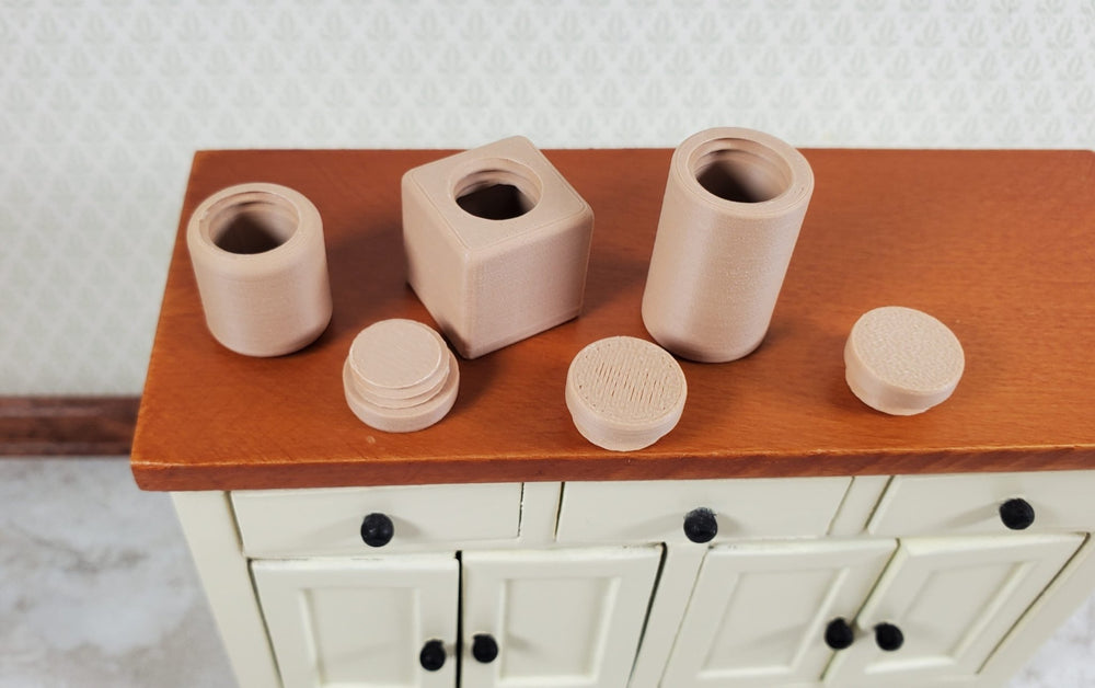 3 Miniature Jars Tan Modern Dollhouse Square Round Cylinder 1:12 Removable Lids - Miniature Crush