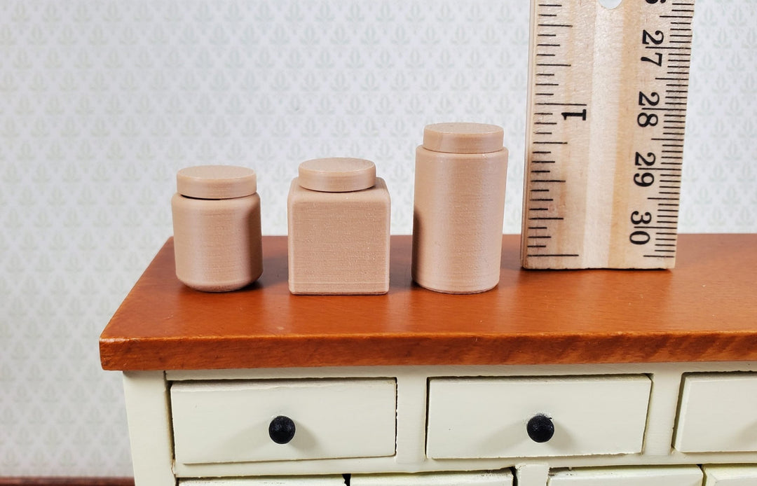 3 Miniature Jars Tan Modern Dollhouse Square Round Cylinder 1:12 Removable Lids - Miniature Crush