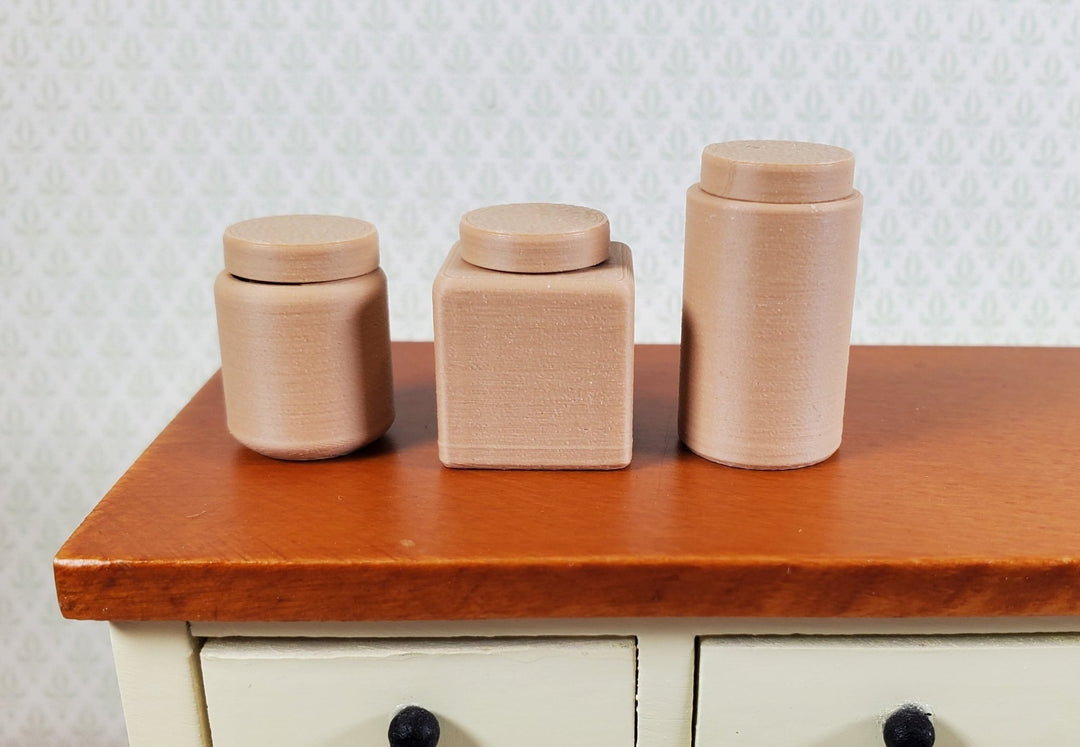 3 Miniature Jars Tan Modern Dollhouse Square Round Cylinder 1:12 Removable Lids - Miniature Crush