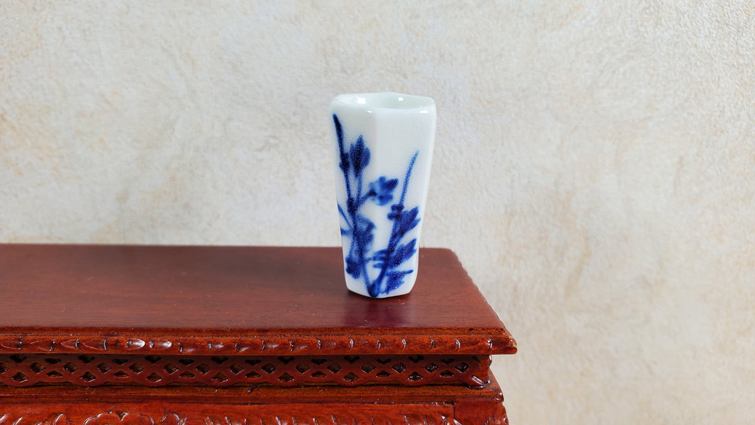 Dollhouse Blue & White Decorative Vase for Flowers Hexagon 1:12 Scale Miniature