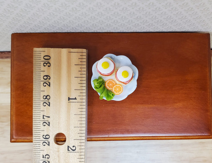 Dollhouse Fried Eggs on Ham & Muffin on a Ceramic Plate 1:12 Scale Miniature