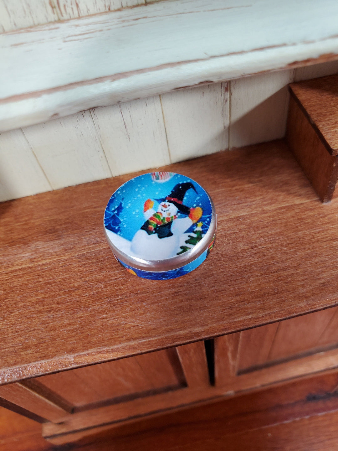 Dollhouse Cookie Tin Snowman Theme Removable Lid 1:12 Scale Miniature Christmas