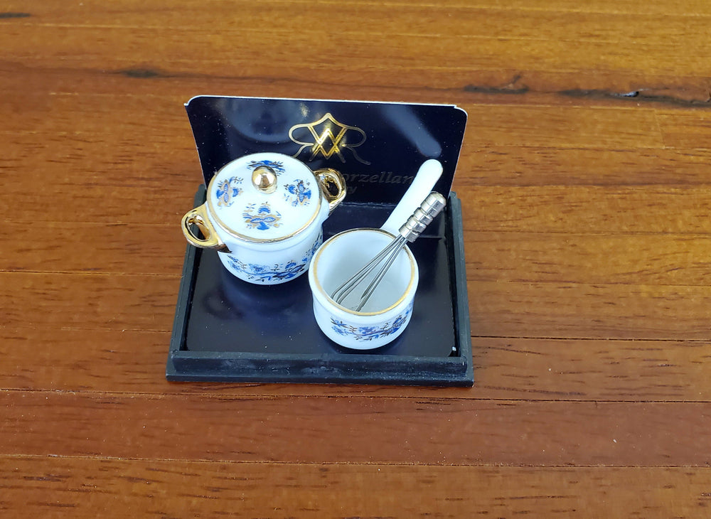 Dollhouse Miniatures Sauce Pan, Whisk & Pot Dishes Reutter Porcelain 1:12 Scale Blue White