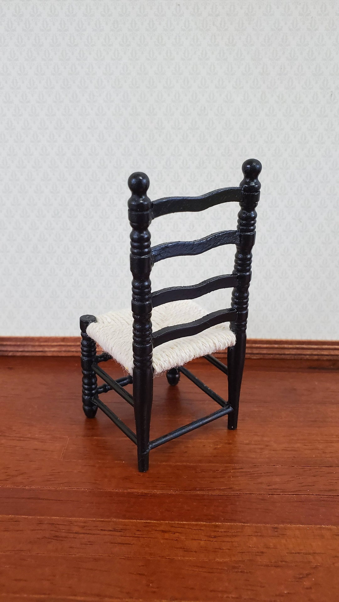Dollhouse Ladderback Chair Turned Legs Rush Seat Black 1:12 Scale Miniature Furniture