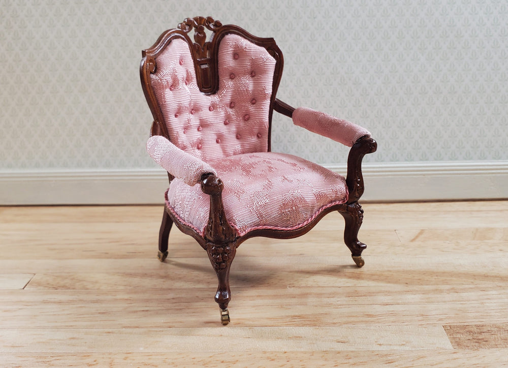 JBM Dollhouse Pink Arm Chair Victorian Style Walnut Finish 1:12 Scale