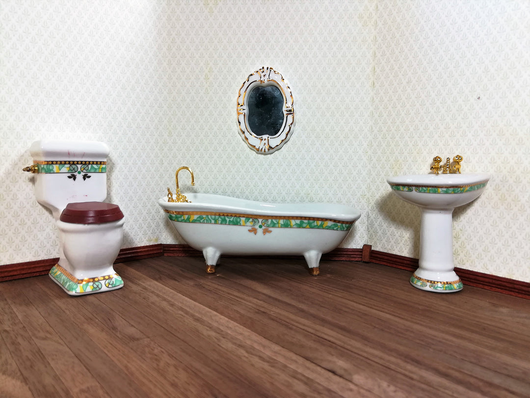 Dollhouse Miniature Bathroom Set White & Green Porcelain Tub Toilet Sink 1:12 Scale