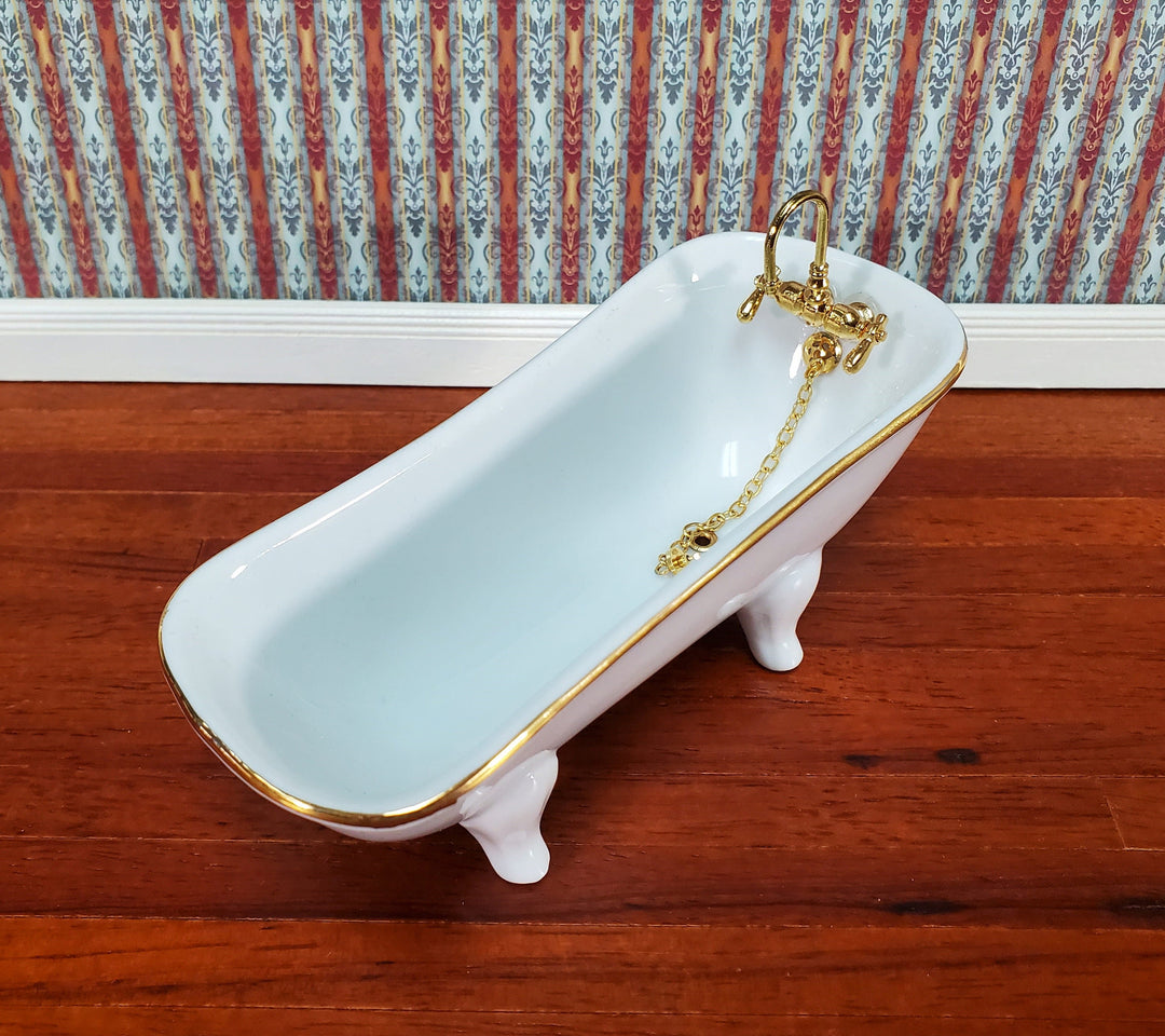 Dollhouse Bathtub Tub Reutter Porcelain White & Gold 1:12 Scale Miniature Bathroom