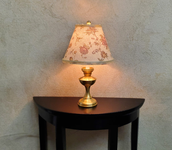 Dollhouse Table Lamp Cream Floral Shade Brass Base 12 Volt Wired 1:12 Scale