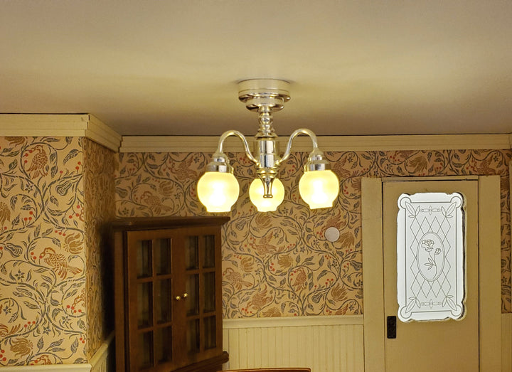 Dollhouse Chandelier Ceiling Wand Light Battery Operated 3 Arm Silver 1:12 Scale