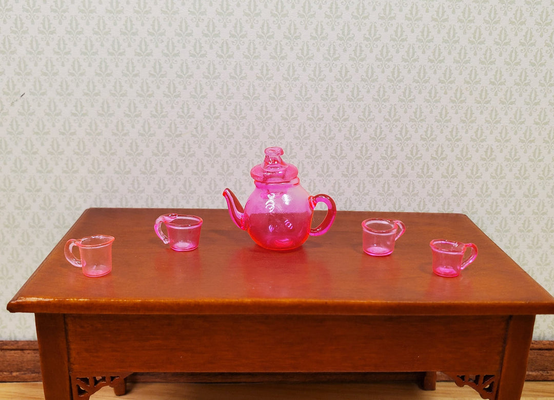 Dollhouse Bright Pink Glass Tea Set Teapot with 4 Teacups 1:12 Scale