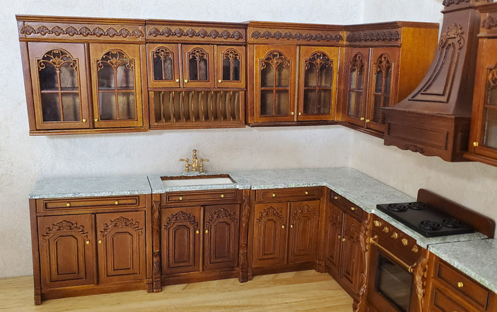 JBM Dollhouse Deluxe Kitchen Set 12 Pcs Stove Sink Cupboards Fridge Walnut 1:12