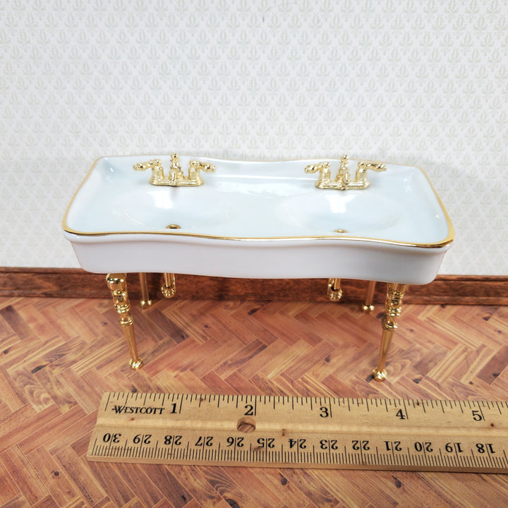 Reutter Porcelain Dollhouse Double Sink White Gold Bathroom 1:12 Scale Miniature