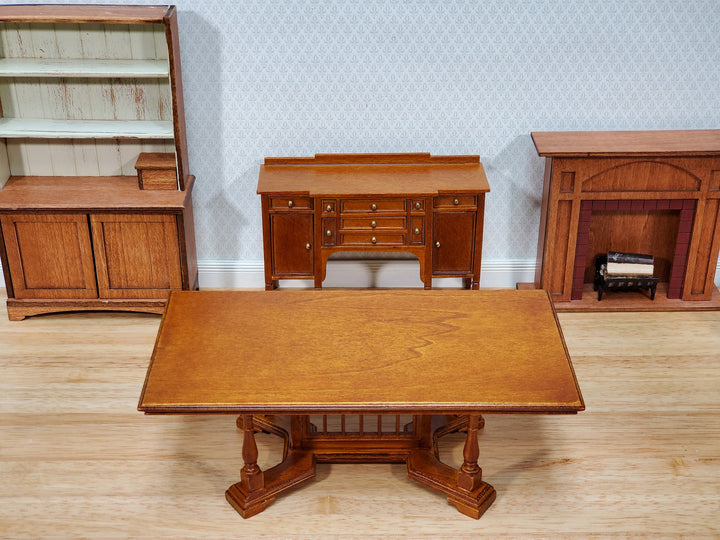 JBM Dollhouse Dining Table Gothic Tudor Style 1:12 Scale Miniature Furniture Walnut Finish