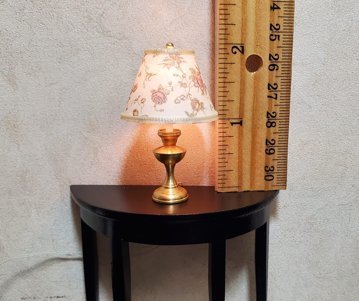 Dollhouse Table Lamp Cream Floral Shade Brass Base 12 Volt Wired 1:12 Scale