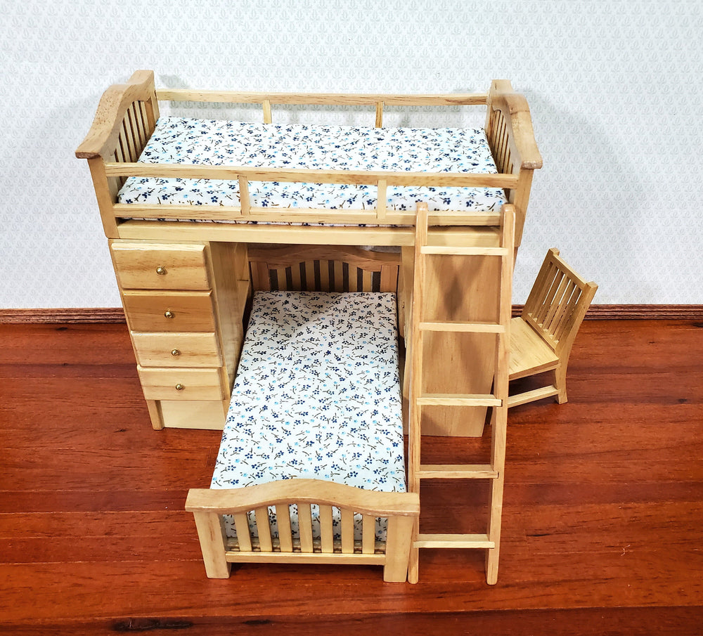 Dollhouse Bunk Beds Built in Shelves Desk with Ladder 1:12 Scale Miniature Furniture