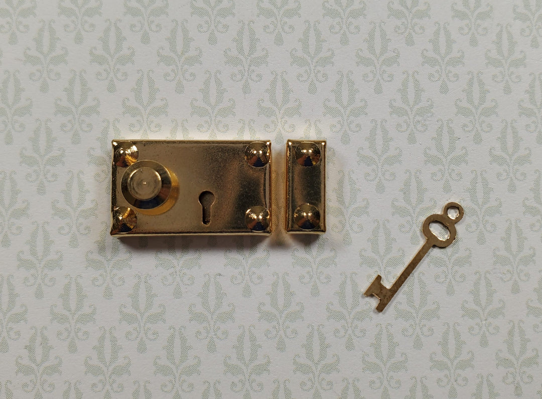 Dollhouse Rim Lock Set Door Knob Strike Plate with Key Gold 1:12 Scale Large