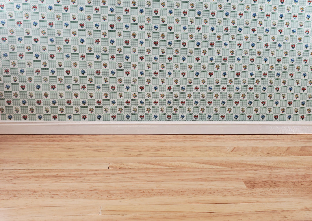 Dollhouse Wallpaper "Flower Pots" Green White Bradbury & Bradbury 1:12 Scale