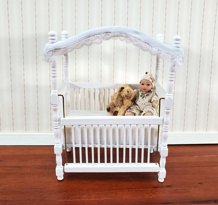 Dollhouse Canopy Crib White Large 1:12 Scale Miniature Nursery Room Furniture