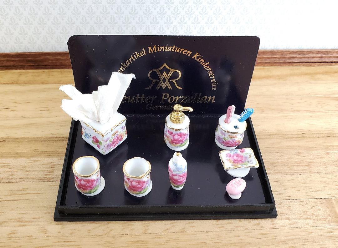 Dollhouse Dresden Rose Bathroom Set Soap Dish Tissue Lotion Dispenser by Reutter Porcelain 1:12 Scale