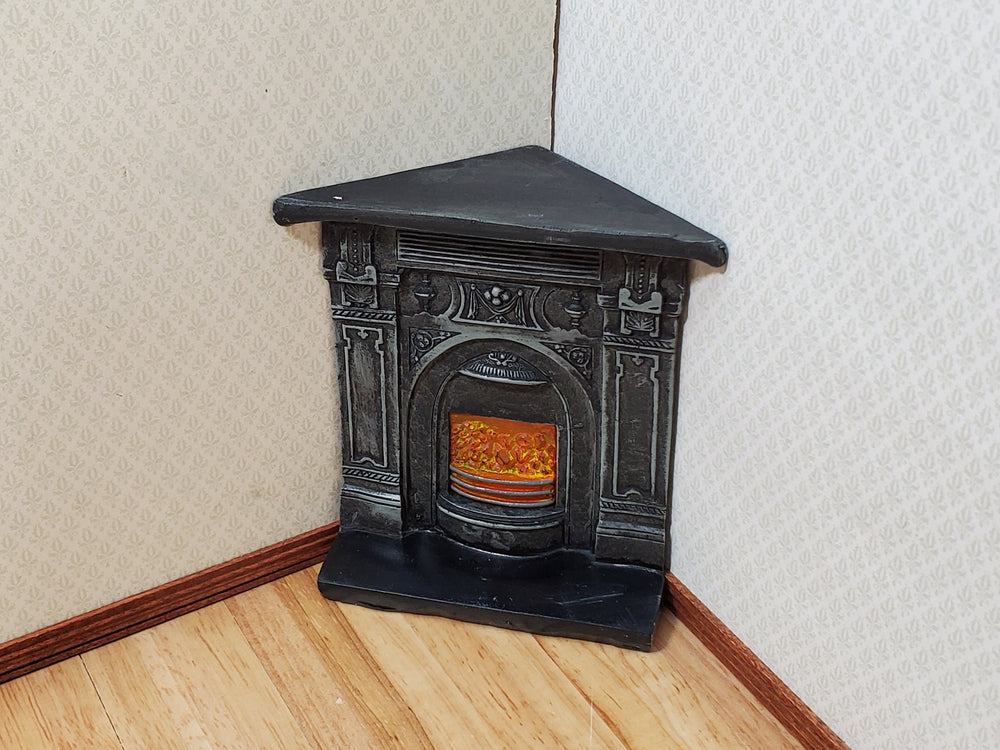 Dollhouse Corner Fireplace with Fire Black Resin 1:12 Scale Miniature Furniture