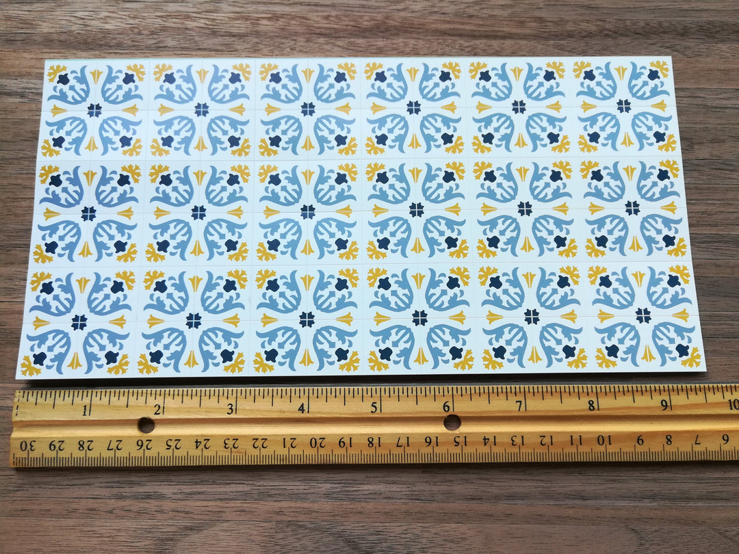 Dollhouse Miniature Tile Flooring Sheet Blue & Gold Tulips 1:12 Scale Break Off Pieces