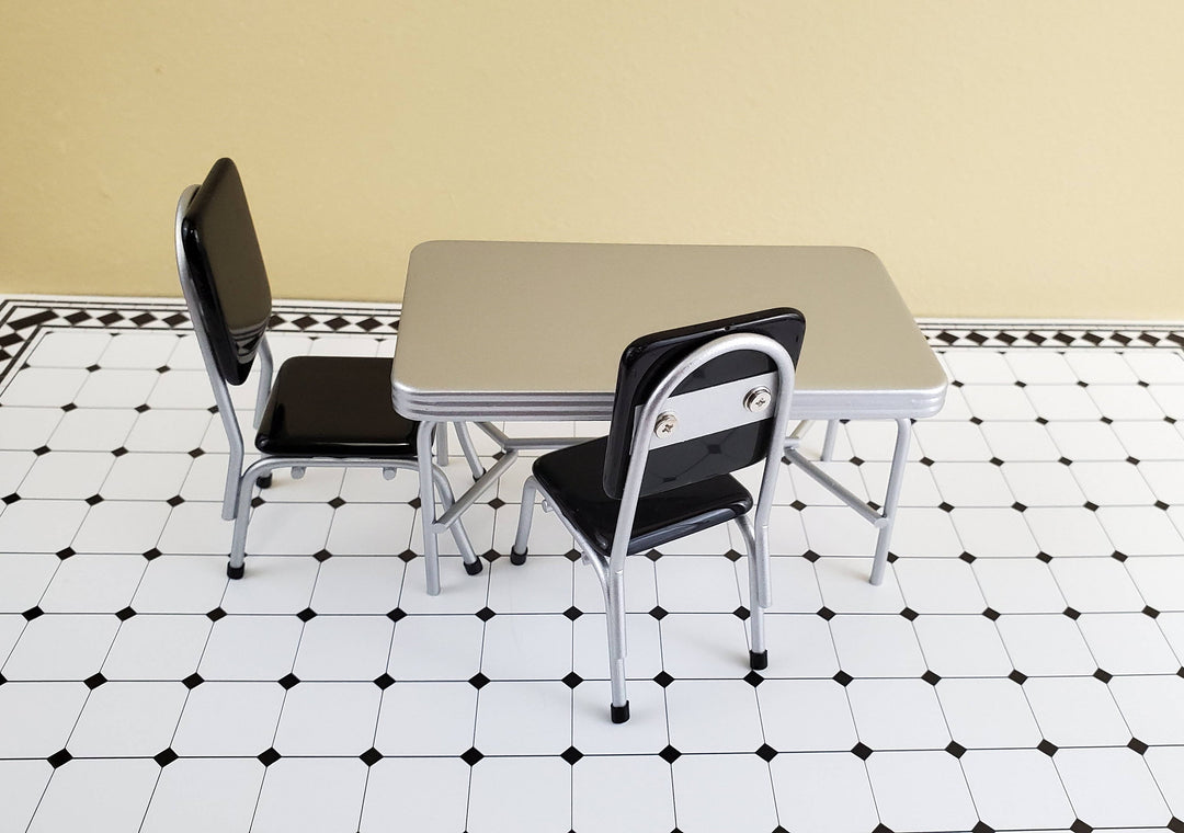 Dollhouse Miniatures 1950s Style Kitchen Table with 2 Black Chairs 1:12 Scale